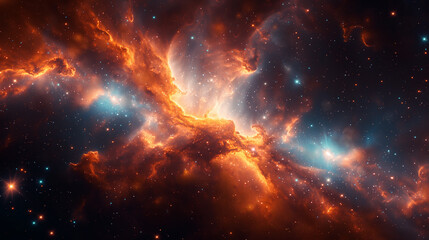 Naklejka premium Nebula Clouds Expanding Across Starry Galaxy with Bright Light in Deep Space for Sci-Fi Design Use