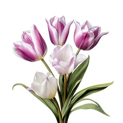 Fototapeta premium Beautiful bouquet of blooming white and purple tulips with green stems, perfect for spring décor, weddings, gifts, and floral arrangements
