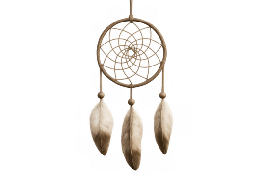 Wooden dream catcher featuring intricate feather design, symbolizing indigenous spiritual protection against nightmares on clean white background
