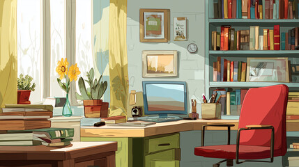 居心地の良いワーキングスペースとデスクトップをフラットイラストで描いたAI生成画像