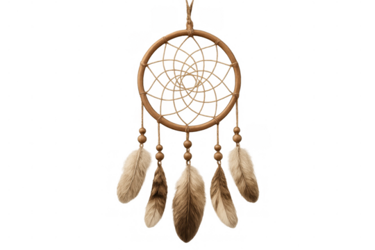 Native american dreamcatcher suspended delicately, revealing intricate weaving patterns and symbolic spiritual protection against neutral backdrop