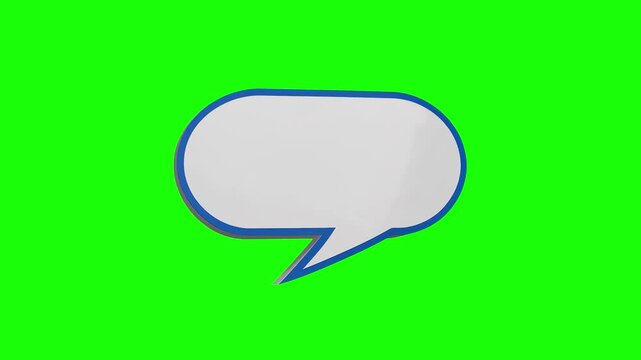3D speech bubble animation with a blue border, spinning in place over a green chroma background. Designed for seamless looping, perfect for inserting dialogue or quotes in video edits and presentation