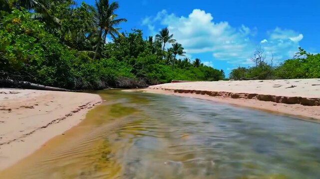 Aliran di tepi pantai pasir putih (hanyalah sungai kecil), air mengalun, Realistis, 3D look (cinematic), Statis (kamera diam), Smooth (gerakan tidak tersendat), 4K resolusi, Loopable seamless