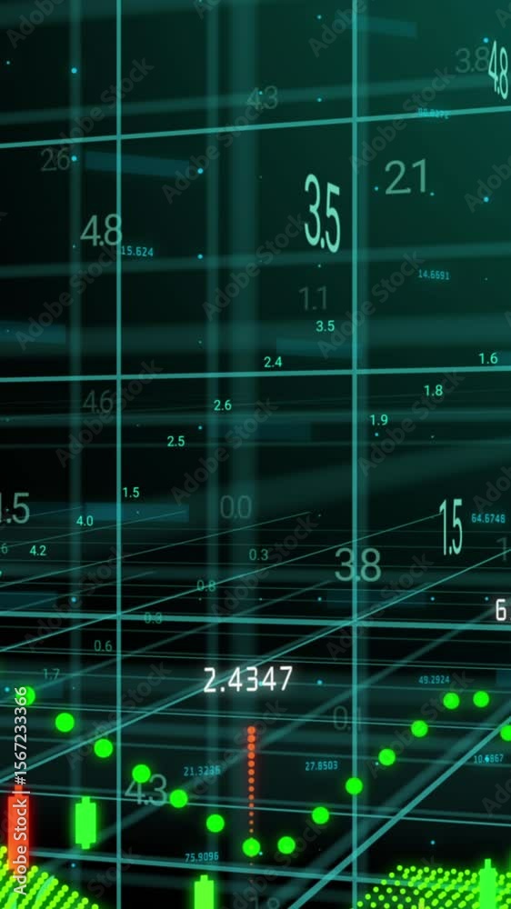 Poster animation of graph and processing data over grid on black background