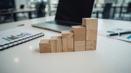 Visualizing Business Growth Symbolic Analysis with Wooden Blocks in a Modern Workspace