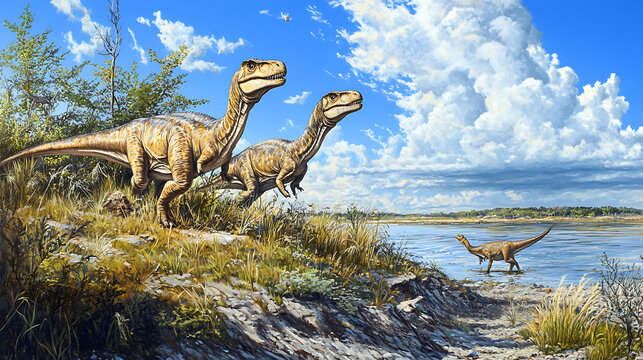 Coelophysis Dinosaurs in a Prehistoric Landscape