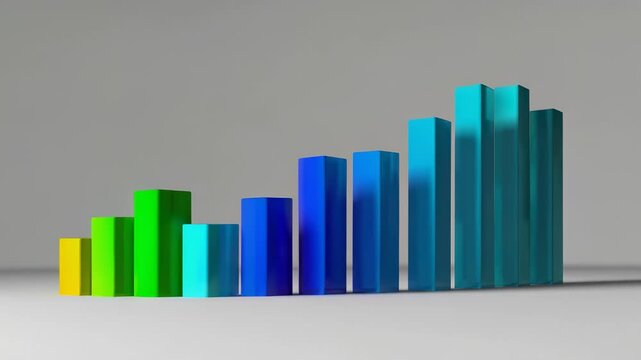 3D animated bar graph with smooth growth animation in green, yellow, and blue color tones. Clean gray background, ideal for business presentations, data visualization, or financial reports. - Powered by Adobe