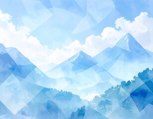 Fototapeta premium Dreamy blue abstract landscape with mountains, forests, and a cloudy sky, overlaid with geometric facets. Ideal for serene backgrounds, digital art, and peaceful visuals.