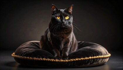 Black cat sitting confidently with golden eyes in studio