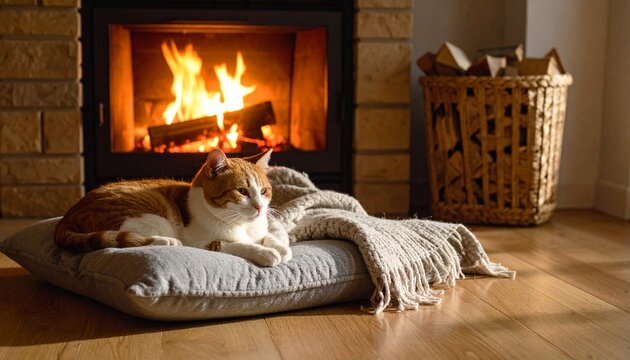 Sleepy cat enjoying warmth on a soft sofa by fire