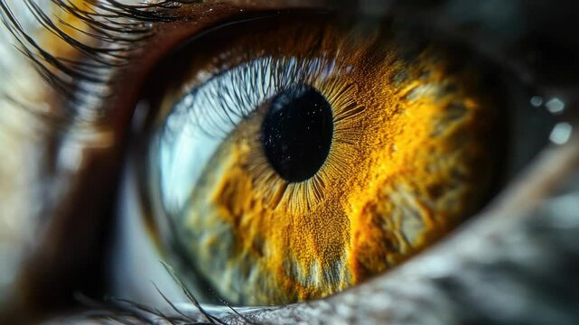 Close-up of a human eye with yellow spot, focusing on the macula, with emphasis on the lens and optic nerve.