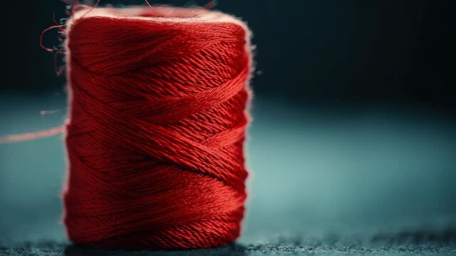 Close-up of red wool yarn on a dark background, with focus on thread texture and spool details.