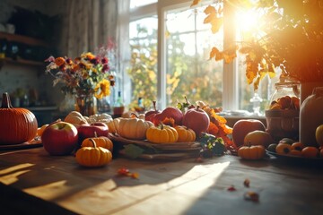 Harvest Decor with Apples and Pumpkins on Wooden Table