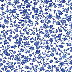 Elegant Blue and White Floral Chinoiserie Tile Design,Vector seamless pattern.