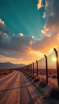 Dramatic Panoramic View of the US-Mexico Border Fence Across Arid Landscape Under a Vast Sky
