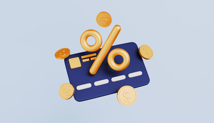 Credit cards and gold coins representing interest rates, Percentage icons, rewards and financial transactions