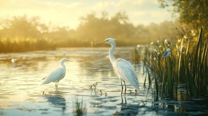 Obraz premium Serene Encounter of Two Elegant Herons in a Tranquil Wetland, Captivating Reflections and Soft Sunlight Creating a Magical Atmosphere