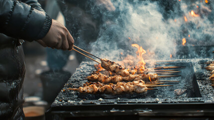 Grilled meat and shish kebabs cooking over a fiery barbecue