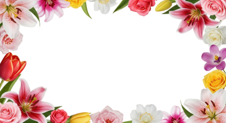 Elegant floral frame showcases roses, lilies, and tulips on a transparent backdrop