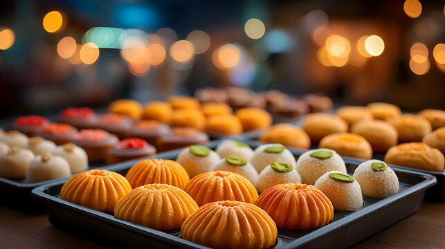 Close-up of a tray of assorted Spanish pastries including ensaimadas and turr?n, blurred softly lit bakery