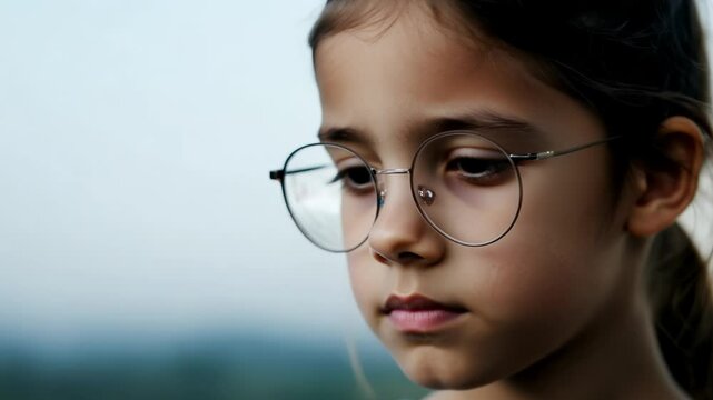 Thoughtful young girl wearing glasses, multiple expressions