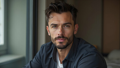 Man Looking at Camera Inside, Portrait with Natural Light