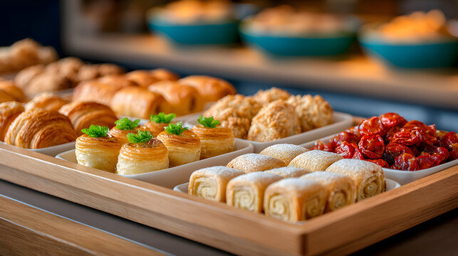 Close-up of a tray of assorted Spanish pastries including ensaimadas and turr?n, blurred softly lit bakery