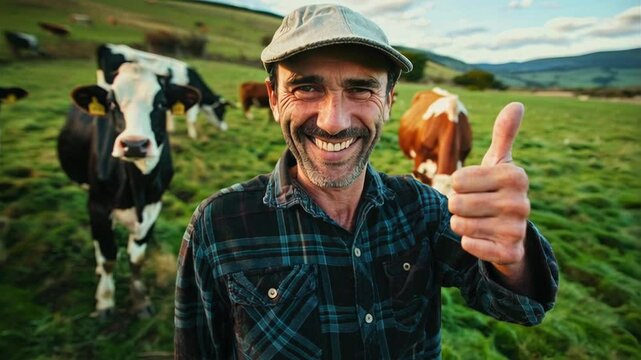 A farmer takes a selfie in the field. Behind him, a group of curious cattle approaches, also posing. Unexpected coordination, rural setting. Perfect for agricultural or lifestyle content.