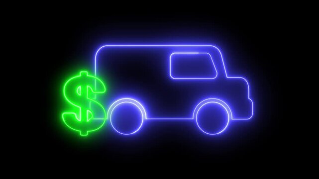 Neon light effect animation of truck icon with dollar sign 