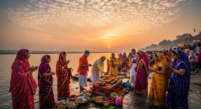 People gather at a riverbank for a religious ceremony during sunrise, with offerings and prayers.