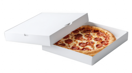 Pepperoni pizza in white box open isolated on transparent background