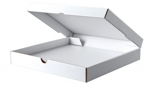 Open white cardboard pizza box container isolated on transparent background