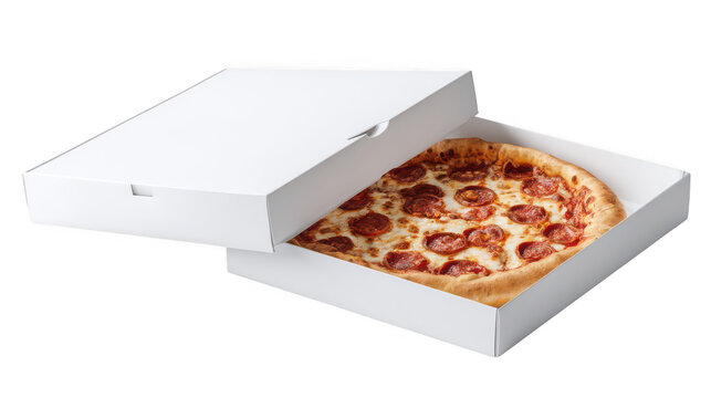 Pepperoni pizza in white box open isolated on transparent background - Powered by Adobe