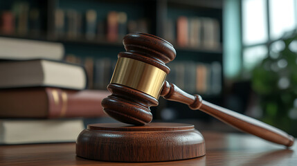 Gavel on a wooden block in front of books