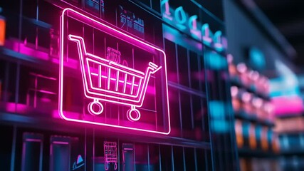 Neon shopping cart icon illuminated in a modern store aisle with colorful product displays in background