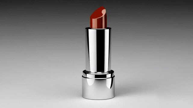 3D animation of a red lipstick rotating in place, then smoothly returning to its original position. Displayed on a neutral gray background with soft shadows. Ideal for cosmetic product commercials, be