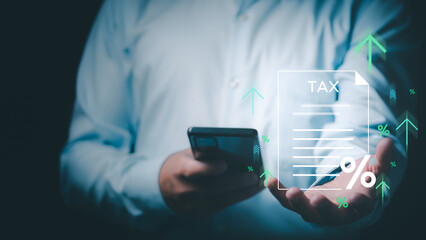 financial research government tax and calculation tax return concept Businessman showing...