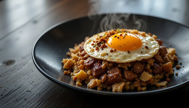Close-up of a plate with fried egg on top of migas with meat, steam rising.