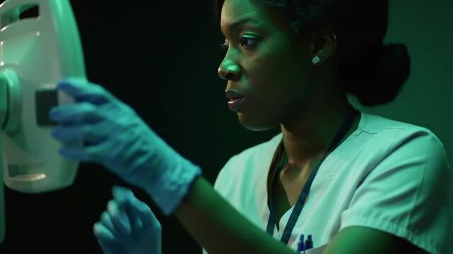 Attentive radiographer adjusting medical imaging equipment for patient scan