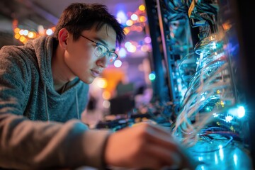 an Asian IT technician working inside a server room
