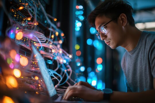 an Asian IT technician working inside a server room