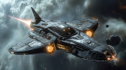  Futuristic black spacecraft soaring through asteroid field with glowing thrusters &mdash; perfect for sci-fi illustrations, concept art, and space game design