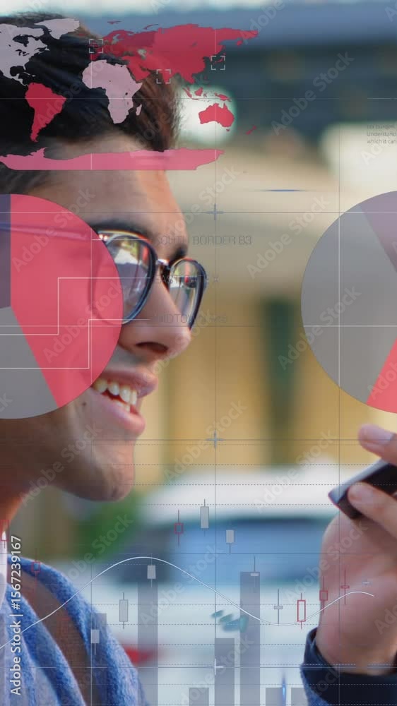 Poster animation of data processing over man using smartphone