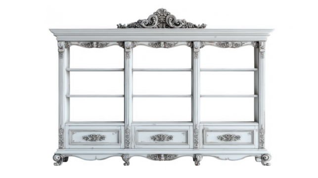 Ornate white wooden bookshelf with drawers isolated on transparent background