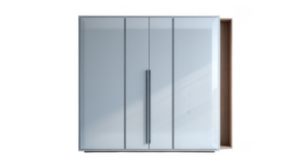 Modern white four door wardrobe with wooden interior isolated on transparent background