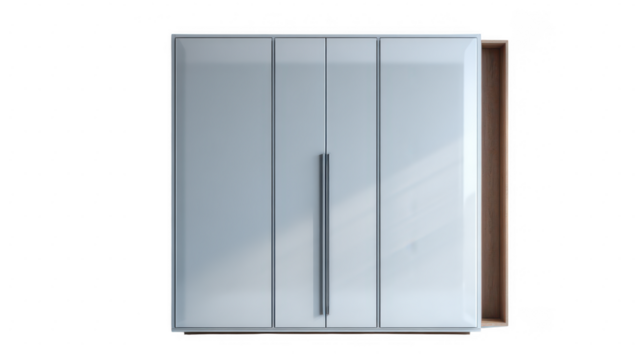 Modern white four door wardrobe with wooden interior isolated on transparent background
