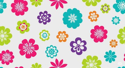 Vibrant and Colorful Abstract Floral Pattern on White Background - Playful Spring and Summer Flower Design for Nature, Celebration and Decorative Concepts.