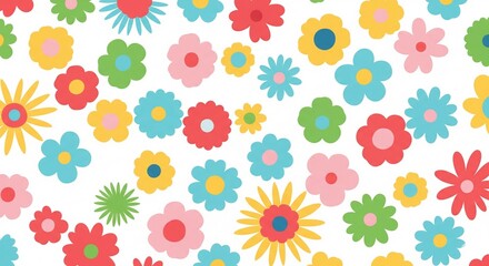 Bright and Cheerful Abstract Floral Pattern with Colorful Flat Design Flowers on White Background - Playful Spring and Summer Design for Kids and Decor.
