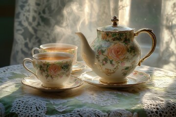 Serene Afternoon Tea with Steaming Cups