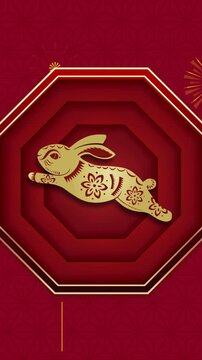 Animation of chinese traditional decorations with rabbit on red background